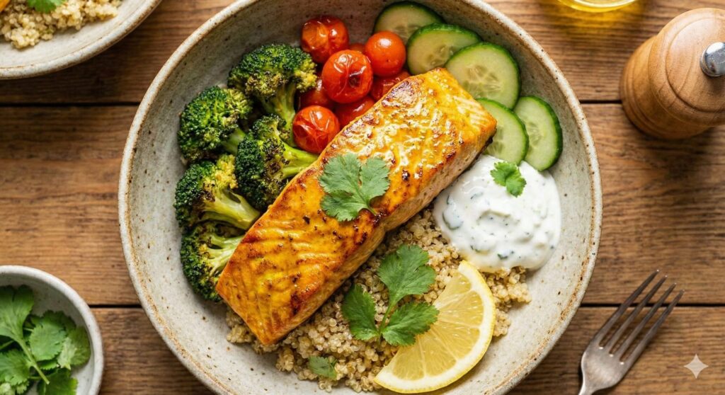 A healthy bowl of grilled salmon with turmeric glaze served over quinoa and fresh spinach salad, representing a perfect anti-inflammatory meal.