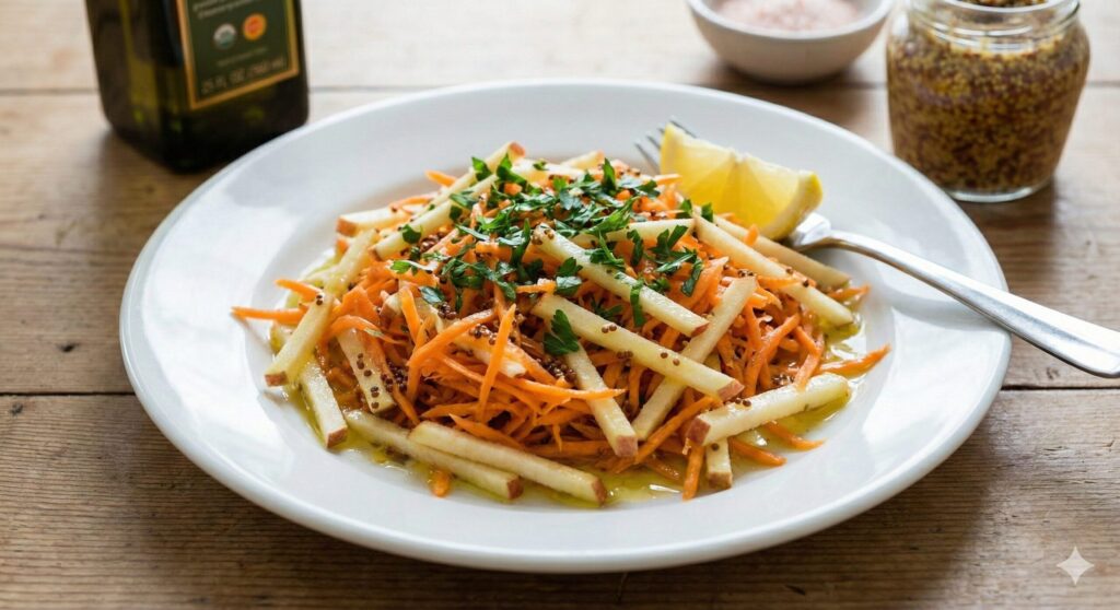 하얀 접시에 담긴 꼬들꼬들한 당근 사과 라페. 파슬리가 뿌려져 있고 올리브유의 윤기가 흐르는 건강 샐러드.