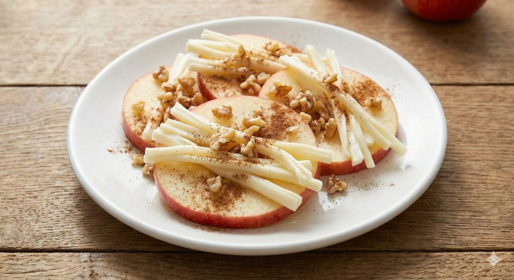 Round apple slices topped with torn string cheese and sprinkled with cinnamon, served as healthy canapés on a white plate.