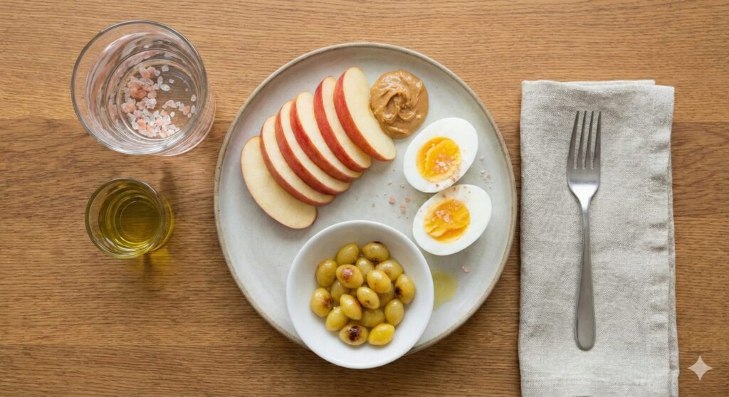 A balanced breakfast plate featuring apple slices dipped in peanut butter, boiled eggs, and glossy olive oil-coated ginkgo nuts.