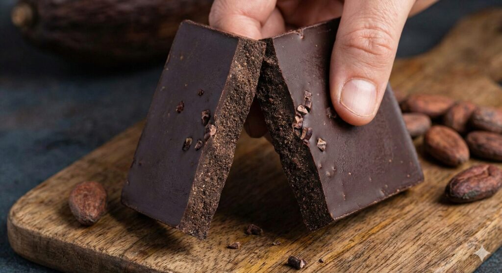 Macro shot of 90% dark chocolate bar being snapped, showing the dense texture and lack of sugar granules, a biohacking staple.