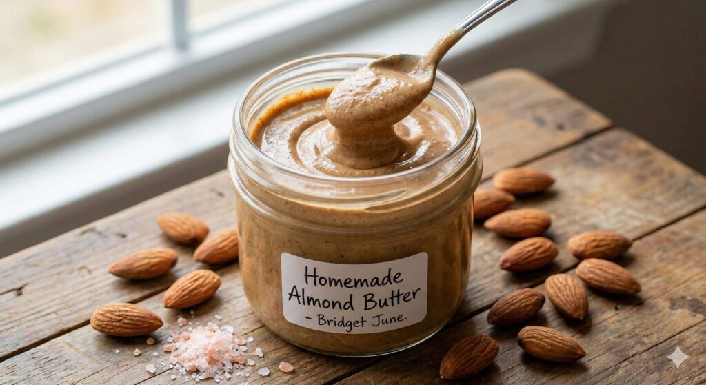 A jar of homemade creamy almond butter, rich in Vitamin E and healthy fats for keto diet.