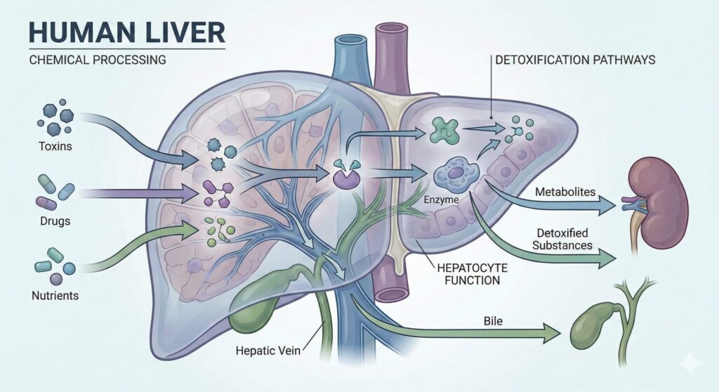인체의 간과 소화기관이 영양소를 대사하는 과정을 보여주는 전문 의학 일러스트, 간의 부담을 시각화.