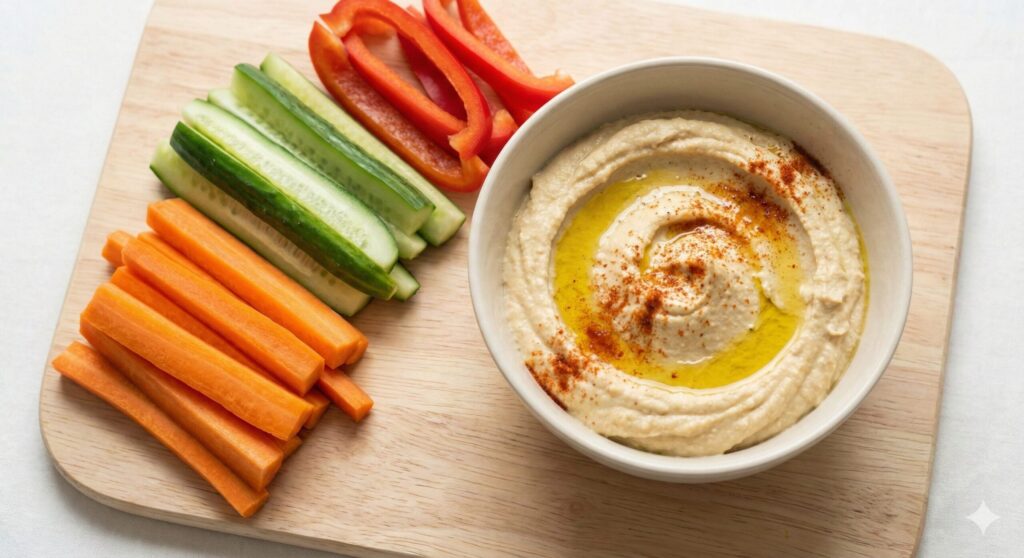 A bowl of fresh hummus served with carrot and cucumber sticks on a minimalist table, representing a clean biohacking snack.
