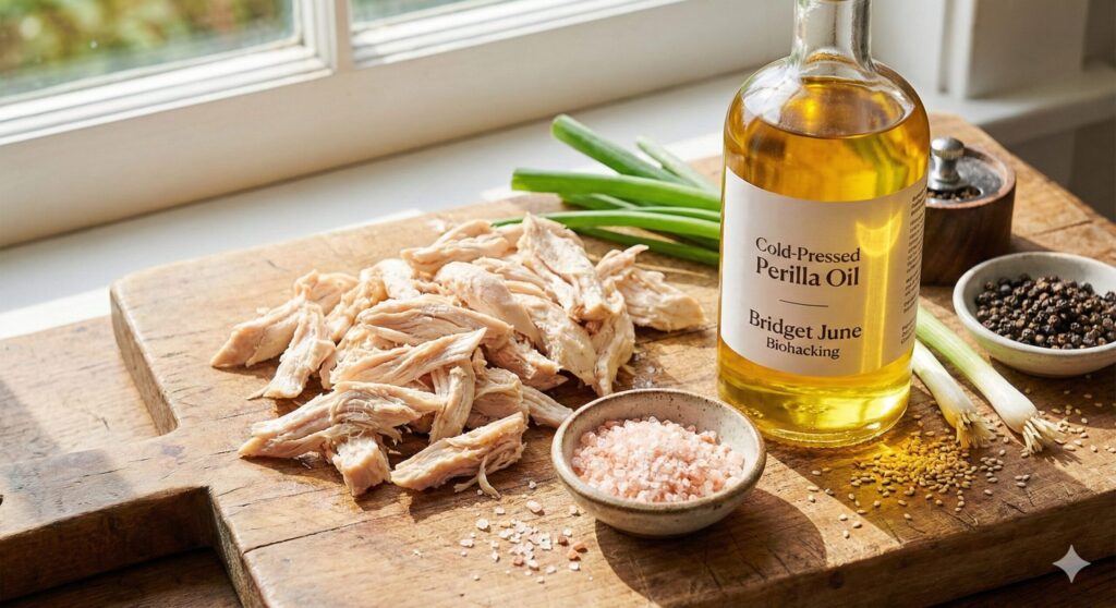 Fresh chicken breast, a bottle of golden perilla oil (Omega-3), garlic, and green onions laid out on a wooden table for biohacking cooking.