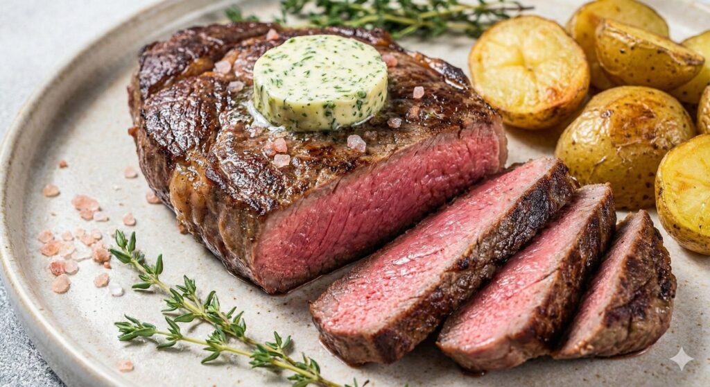 미토콘드리아 연료를 위한 영양 밀도 높은 바이오해킹 식사로 제공되는, 육즙이 풍부한 핑크빛 속살을 보여주는 완벽하게 조리된 미디엄 레어 소고기 스테이크.