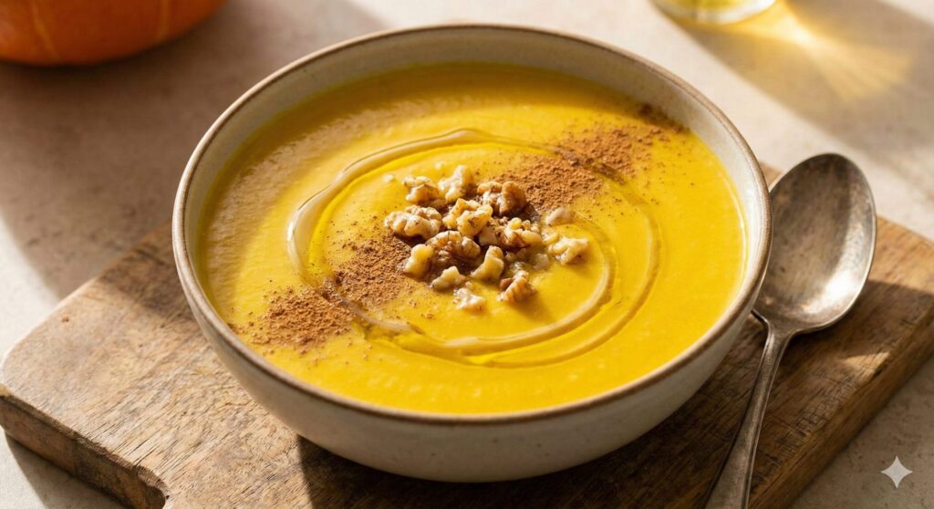 Plated velvety kabocha squash and almond milk soup garnished with walnuts and a swirl of olive oil, optimized for edema control.