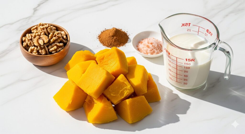 Measured raw ingredients for the biohacking kabocha squash almond milk soup featuring steamed kabocha, almond milk, cinnamon, pink salt, and walnuts.