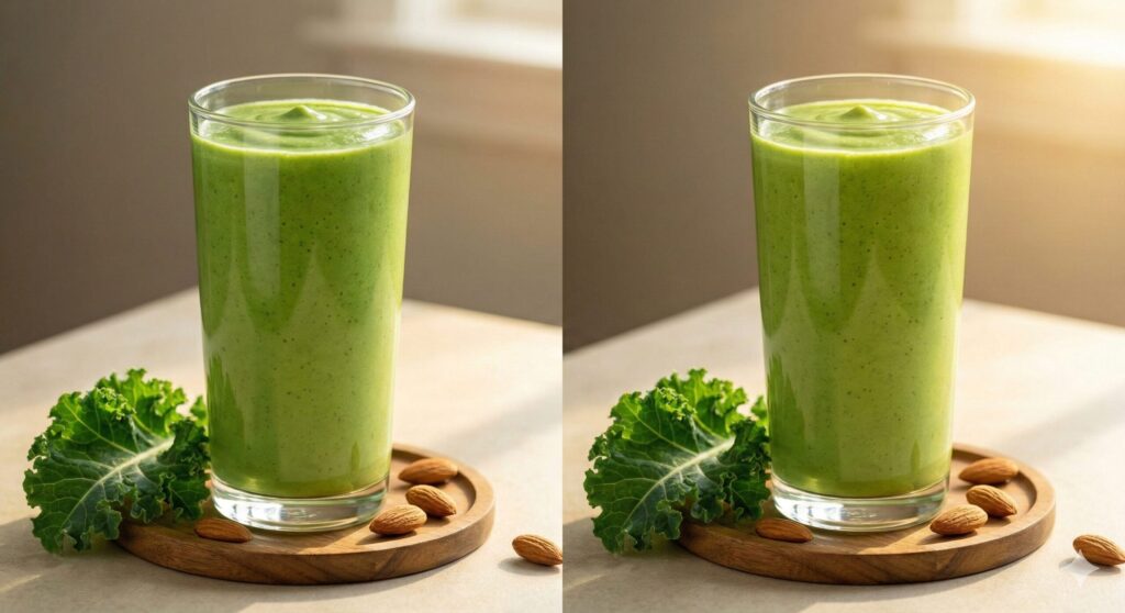 세포 해독과 지속적인 아침 에너지를 위해 아몬드 버터로 영양 흡수를 극대화한 완성된 크리미한 케일 바나나 스무디.
