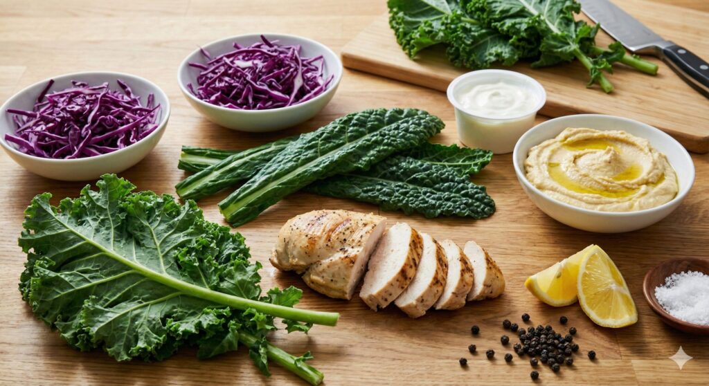 넓은 생케일 잎, 삶은 닭가슴살, 채 썬 적양배추, 후무스, 그릭요거트 소스 재료가 조리대에 놓인 모습.