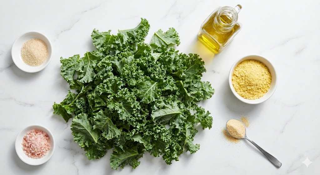 Fresh biohacking ingredients for crispy kale chips, including raw kale leaves, extra virgin olive oil, nutritional yeast, and Himalayan pink salt.