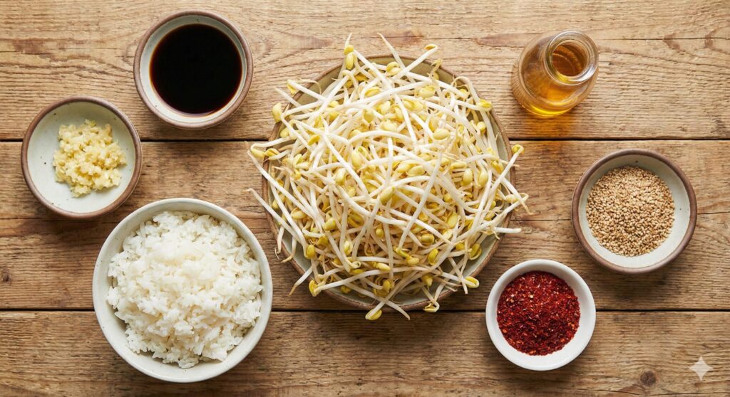 Fresh biohacking ingredients for Kongnamul Bibimbap, featuring a large mound of raw soybean sprouts, a bowl of cooked rice, and components for the soy-based seasoning sauce like garlic and green onions.