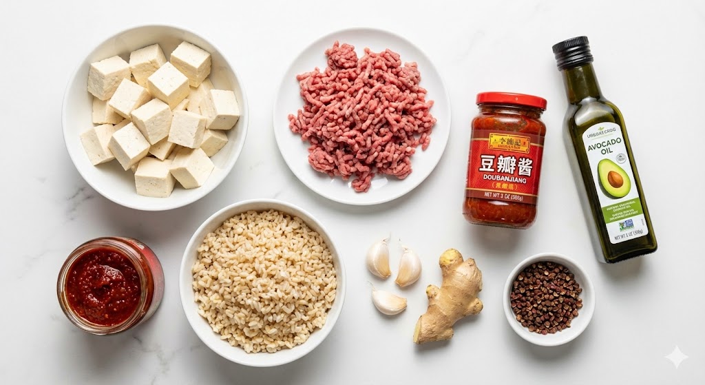 Fresh biohacking ingredients for a Mapo Tofu rice bowl, including cubed tofu, lean minced beef, cooled brown rice, doubanjiang, and avocado oil.