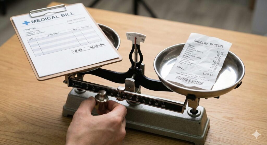 거대한 병원비 청구서와 건강한 식단 영수증을 저울질하는 모습, 질병 비용의 위험성을 시각화.