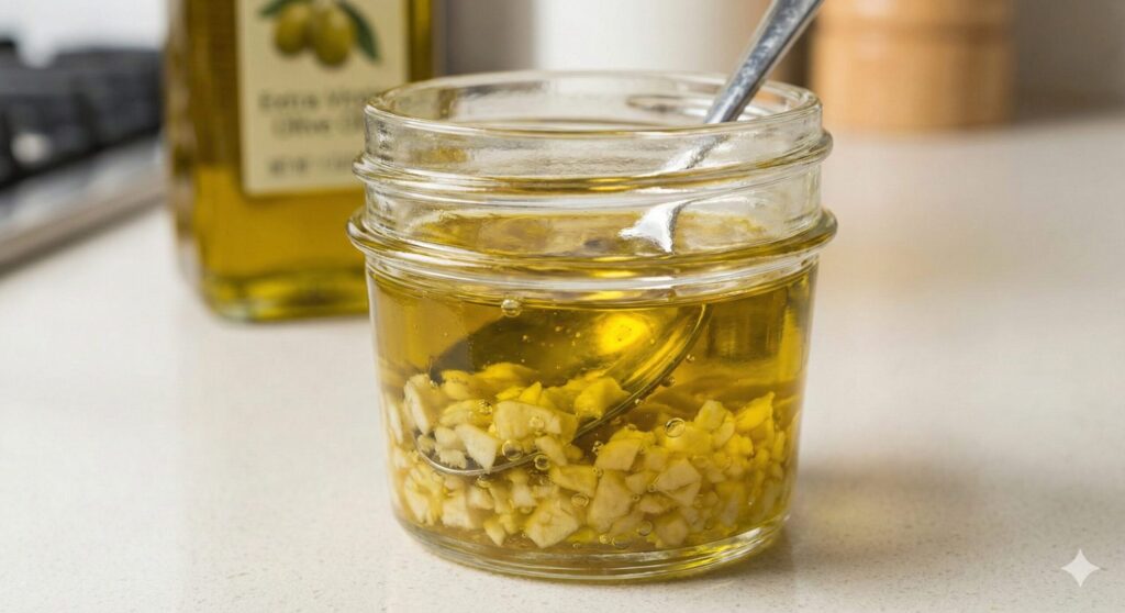 알리나아제 효소를 활성화하고 알리신 생성을 극대화하기 위해 엑스트라 버진 올리브유에 재워둔 다진 마늘.