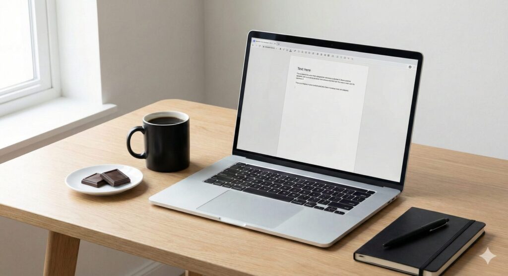 A minimalist desk setup featuring a laptop, a cup of black coffee, and two squares of dark chocolate, representing a deep work ritual.