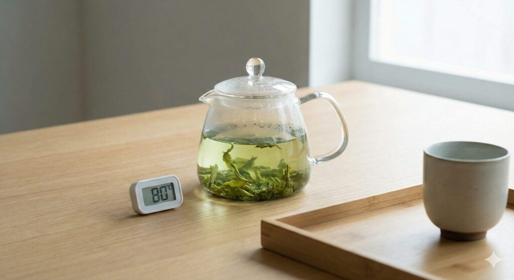 영양소 파괴를 최소화하기 위해 최적 온도인 섭씨 80도(80°C)로 녹차를 우려내는 미니멀하고 차분한 바이오해킹 아침 리추얼 장면.