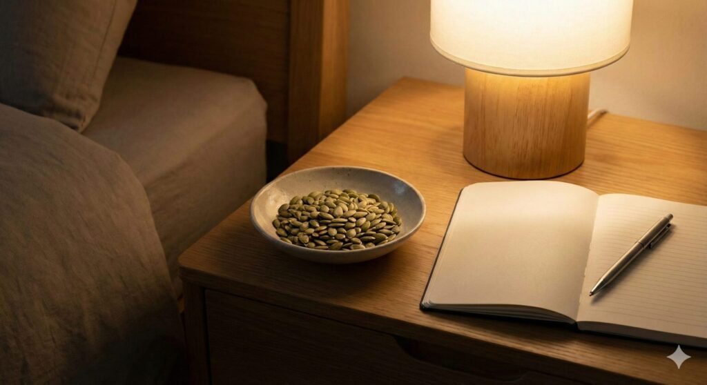 A precise serving of pumpkin seeds in a minimalist bowl next to a journal, part of an evening wind-down routine.
