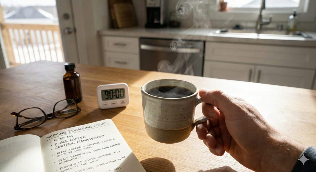 코르티솔 관리를 고려한 바이오해킹 음료, 김이 모락모락 나는 따뜻한 블랙커피 한 잔