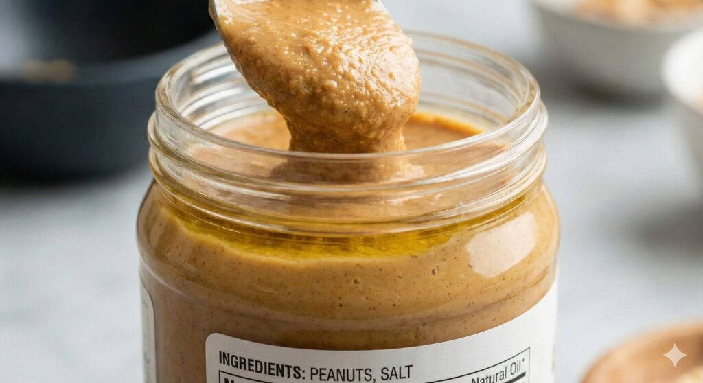 Close-up of natural peanut butter in a jar with visible oil separation, indicating it contains only peanuts and no added hydrogenated oils or sugar.