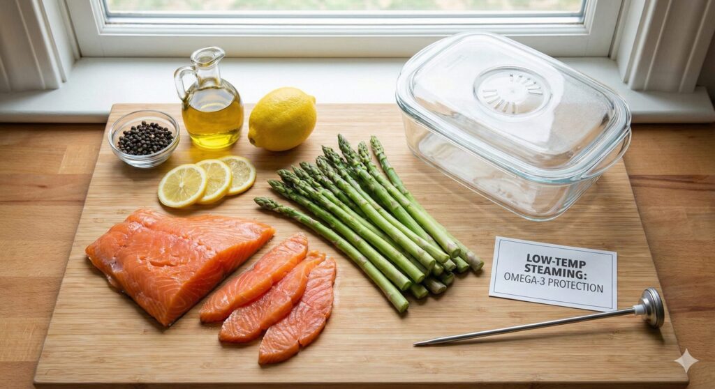 Fresh smoked salmon and asparagus prepared for low-temperature steaming to prevent lipid oxidation.