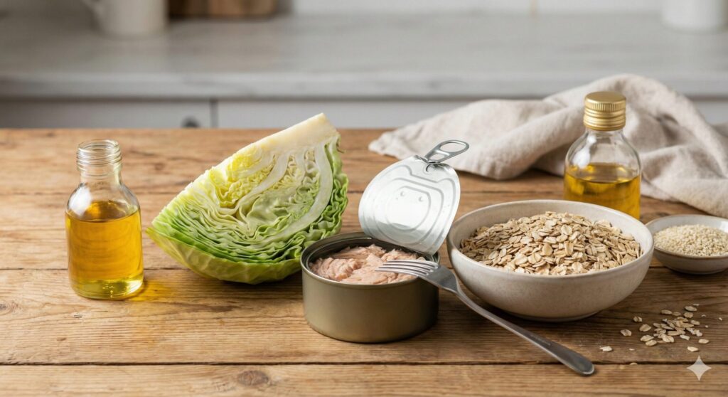 Fresh sliced organic cabbage, a can of light tuna (skipjack), and rolled oats prepared for a gut-healing meal.