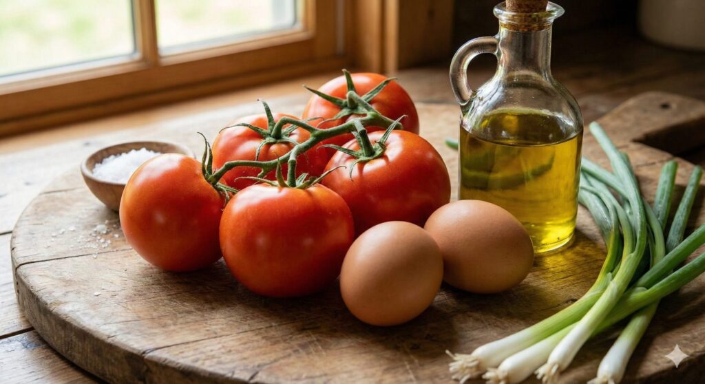 Fresh organic tomatoes, pasture-raised eggs, and extra virgin olive oil prepared for anti-inflammatory cooking.