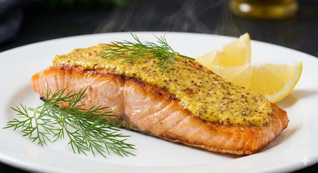 활성화된 노란 겨자 페이스트와 딜을 얹은 팬에 구운 연어 필렛으로, 염증 감소와 대사 지원을 위한 바이오해킹 식사를 보여줍니다.