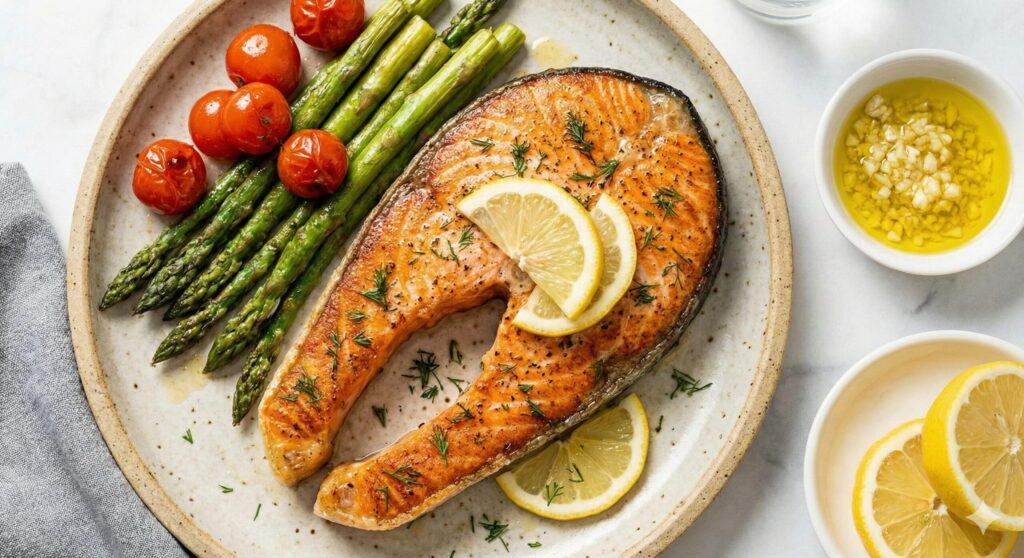 신선한 레몬 슬라이스와 딜을 얹은 팬에 구운 연어 스테이크로, DHA와 EPA가 풍부한 심장 건강 바이오해킹 식단을 보여줍니다.