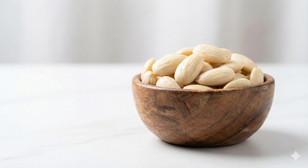 껍질을 벗겨 부드러운 상아색을 띠는 활성 아몬드가 담긴 우드 볼, 고단백 간식.