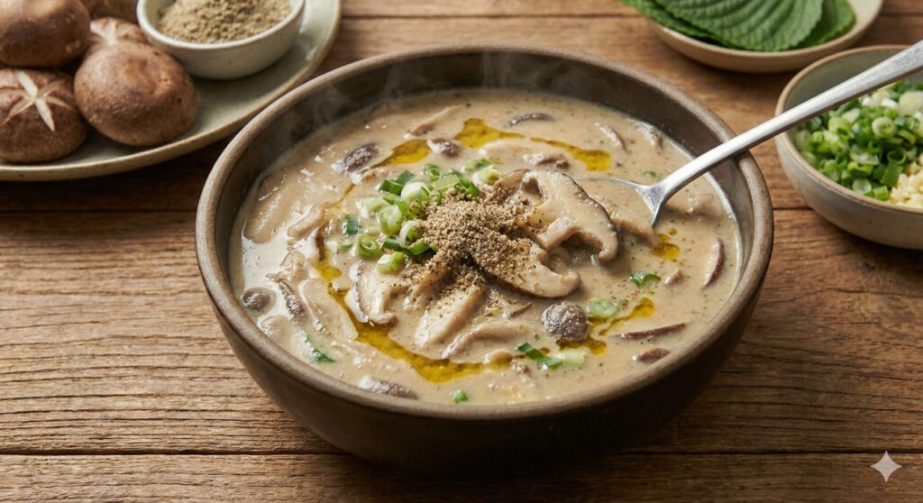 A warm, creamy bowl of finished biohacking perilla seed and mushroom soup, rich in Omega-3s and beta-glucans for immune health.