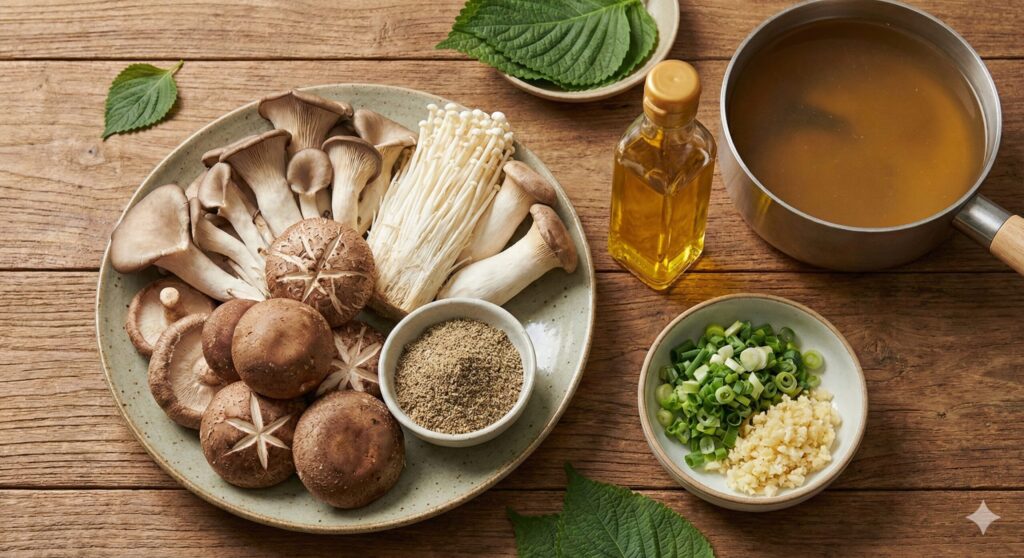 Fresh ingredients for biohacking perilla seed and mushroom soup, including assorted mushrooms, fresh perilla seed powder, broth, and green onions.