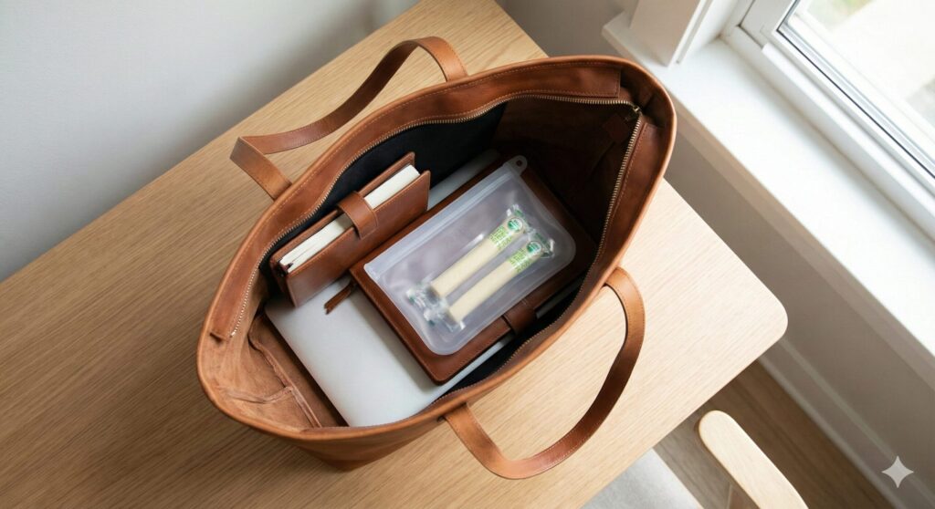 바쁜 업무 일정 중 근손실 방지를 위해 비즈니스 가방 속 노트북과 함께 챙겨 둔 휴대용 고단백 간식, 스트링치즈의 연출컷