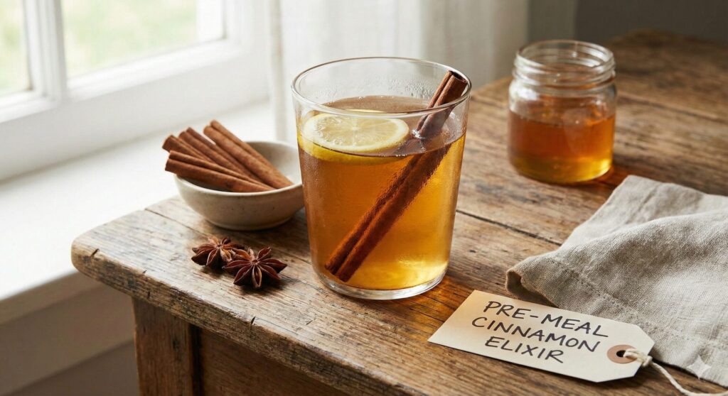 A glass of warm water mixed with Ceylon cinnamon powder, ready to be consumed as a pre-meal blood sugar stabilizing elixir.