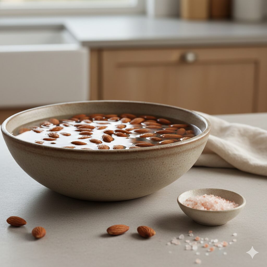 Organic raw almonds soaking in a glass bowl of water with Himalayan pink salt, showing the activation process to neutralize anti-nutrients.