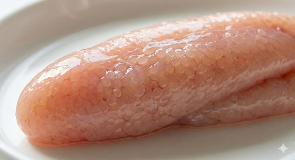 인공 색소를 넣지 않은 고품질 '백명란'의 접사 사진. 연분홍빛의 투명한 알갱이 질감이 살아있는 모습. 영양 밀도가 높은 바이오해킹 식재료.