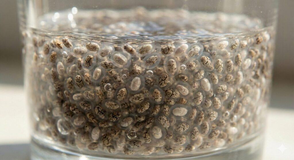 물에 불려 젤 형태로 변하고 있는 치아씨드의 근접 사진. 풍부한 식이섬유와 오메가-3를 함유한 슈퍼푸드의 모습.