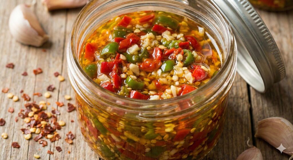 황금빛 올리브유에 잠겨 있는 갓 다진 생고추와 마늘 다짐장이 담긴 작은 유리병. 설탕이 없는 대사 촉진용 바이오해킹 양념.