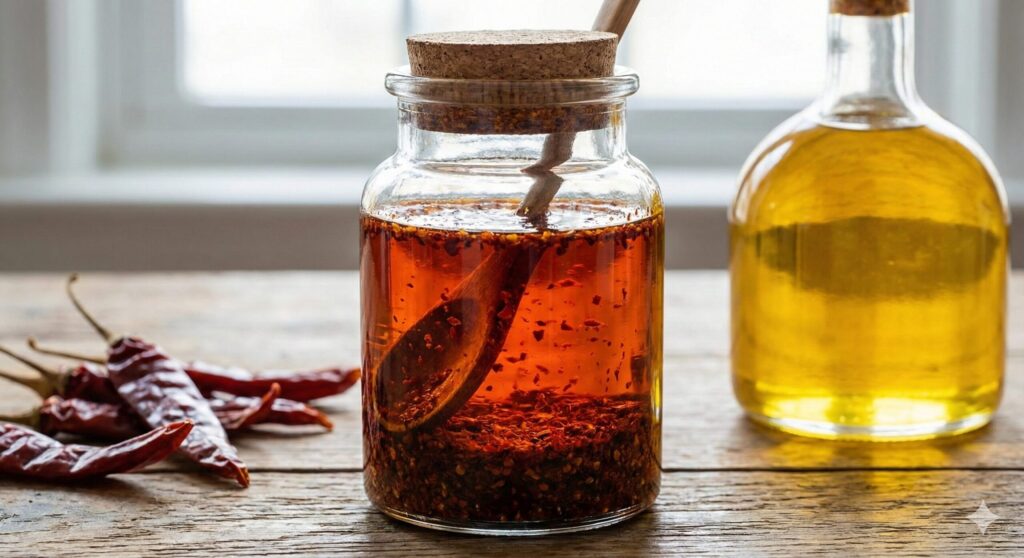 A small glass jar filled with "Raw Chili-Perilla Infusion," showing the rich red color of Gochugaru slowly steeping in golden, raw perilla oil without heat. A no-cook keto biohacking condiment.
