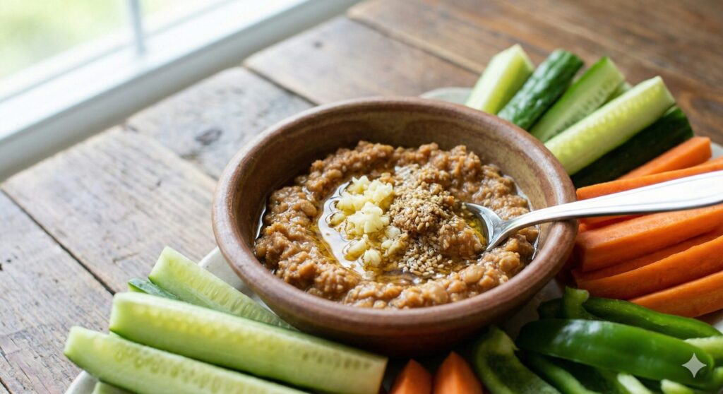 마늘과 들기름을 섞은 생(生) 된장 딥 소스가 담긴 투박한 그릇과 신선한 오이, 당근 스틱. 불을 쓰지 않은 신바이오틱스 바이오해킹 레시피.