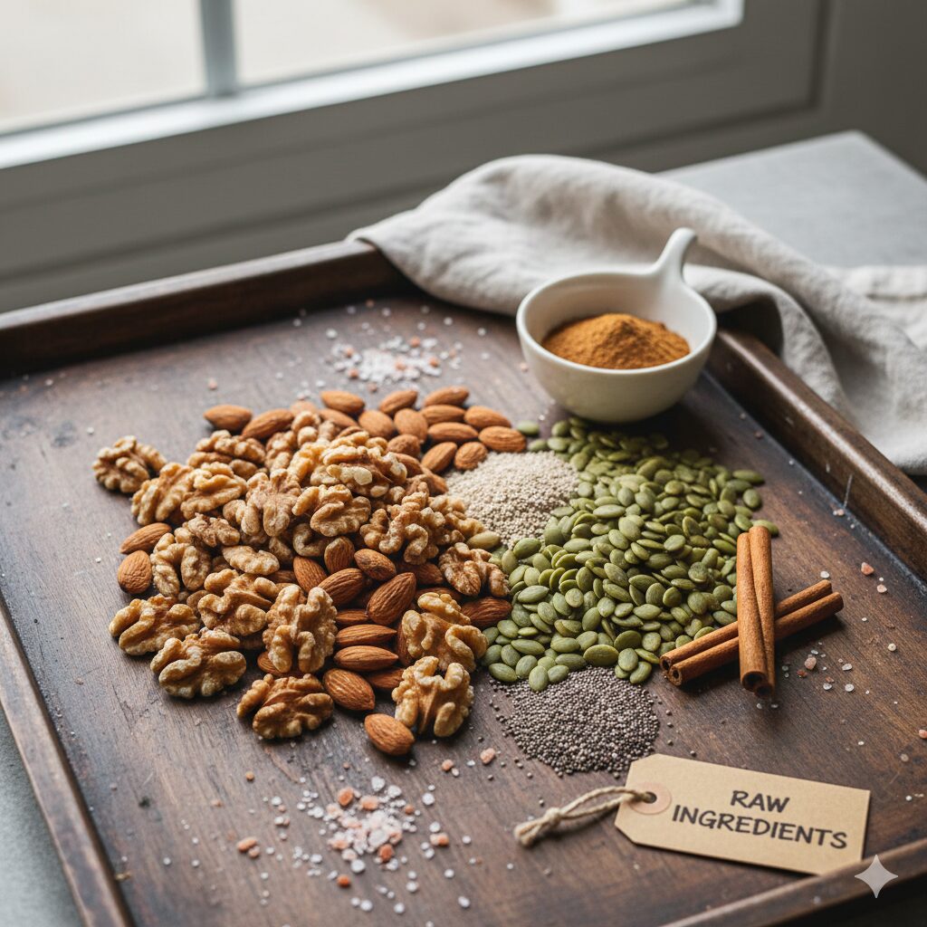 A wooden tray featuring raw walnuts, almonds, pumpkin seeds, and a small bowl of Ceylon cinnamon powder. High-quality raw ingredients for making grain-free, anti-inflammatory biohacking granola on a rustic background.