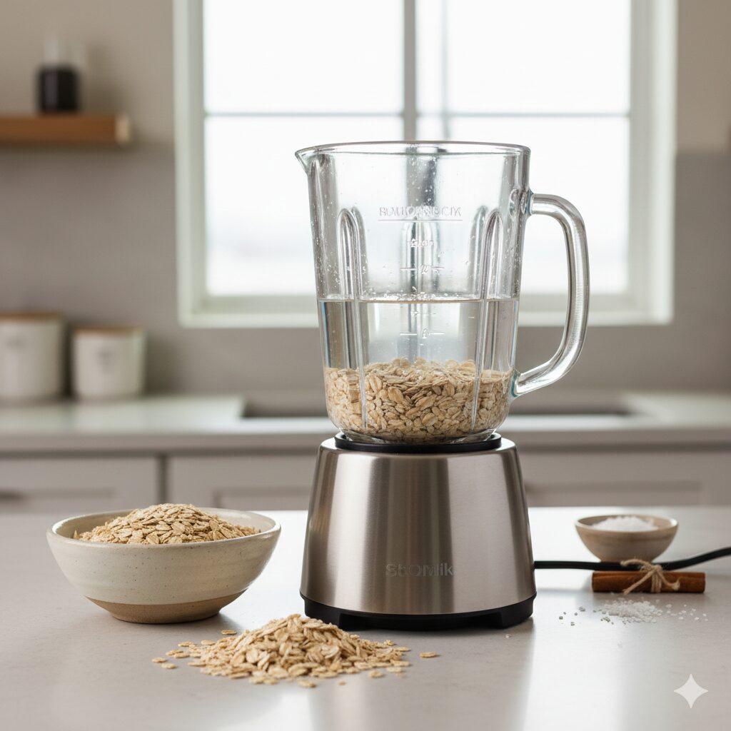 Organic rolled oats in a bowl with fresh water and a blender, showing the preparation for additive-free homemade oat milk.
