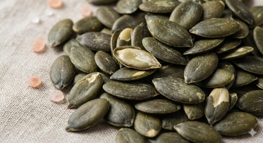 Close-up view of raw, organic pumpkin seeds, rich in zinc and magnesium for biohacking diet.