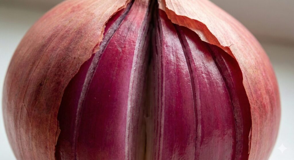 Close-up of a red onion showing the dry outer skin partially peeled back, revealing the quercetin-rich first fleshy layer underneath, emphasizing strategic peeling.