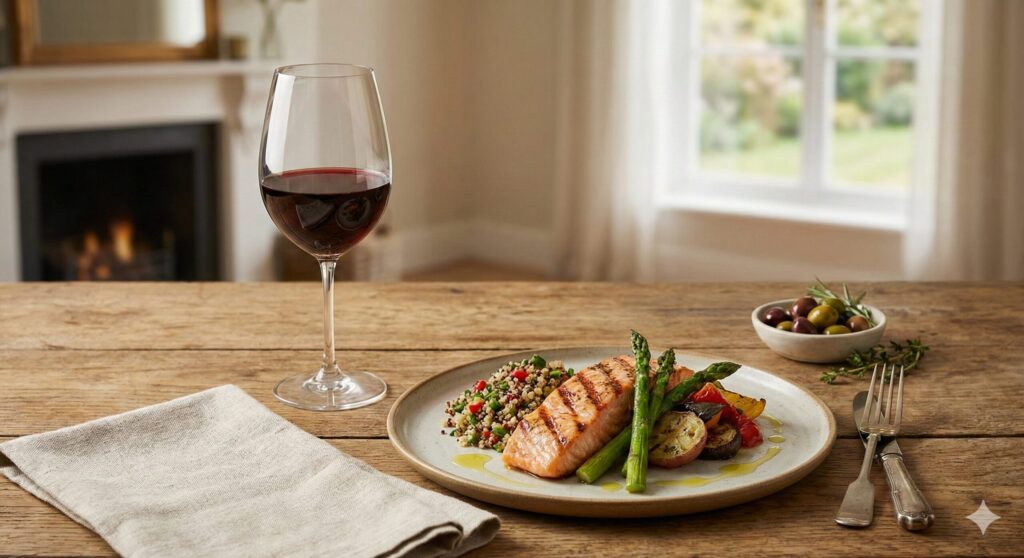 A single glass of red wine paired with a high-quality gourmet meal, representing a strategic and guilt-free refeed day.