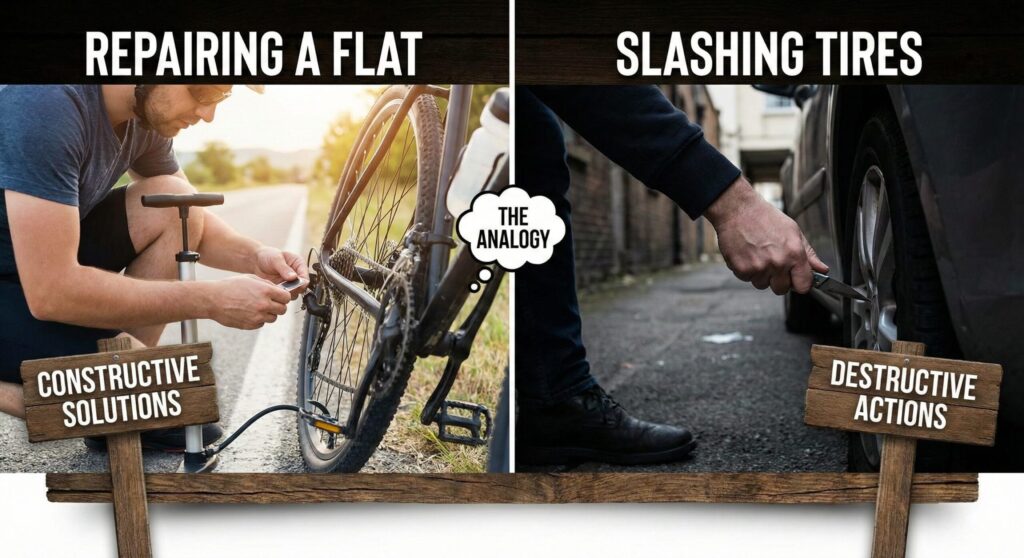 펑크 난 타이어를 수리하는 모습과 차를 부수는 모습을 대비시킨 일러스트, 포기하지 않는 마인드셋 비유.