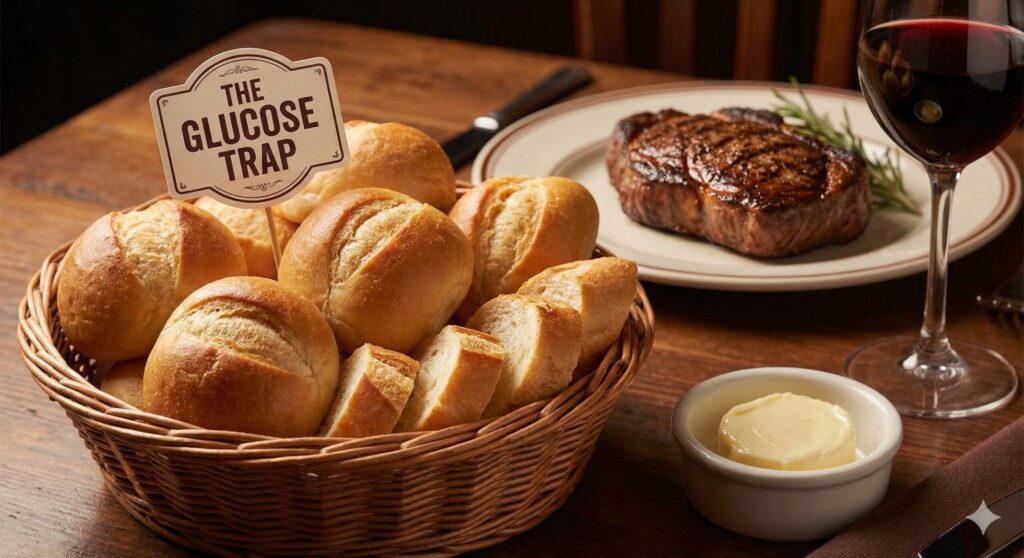 The enticing free bread basket in a restaurant symbolizing cheap calories versus expensive protein.
