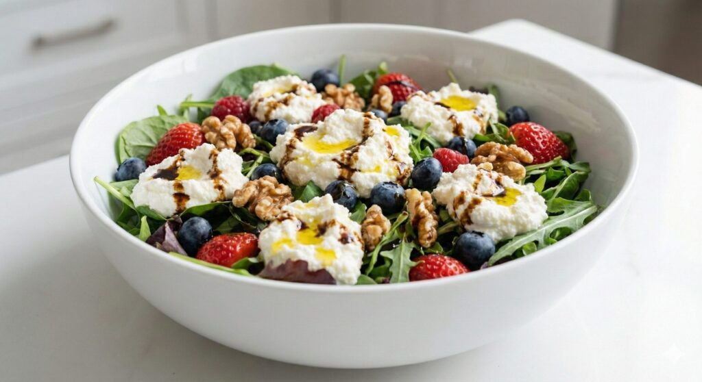 A vibrant, fresh biohacking ricotta cheese salad with mixed greens, berries, and walnuts, drizzled with a balsamic glaze in a white bowl.