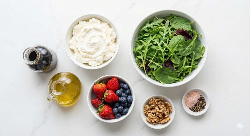 Fresh biohacking ingredients for a ricotta cheese salad, including fresh ricotta, mixed leafy greens, walnuts, berries, olive oil, and balsamic vinegar.