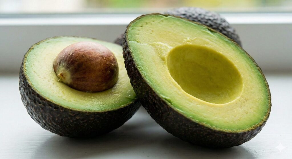 영양소 흡수를 위한 단일불포화지방의 핵심 공급원인, 크리미한 녹색 과육과 큰 씨앗을 보여주는 반으로 자른 잘 익은 아보카도 클로즈업.